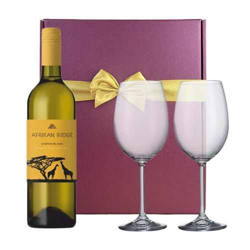 Afrikan Ridge Chenin Blanc 75cl White Wine And Bohemia Glasses In A Gift Box
